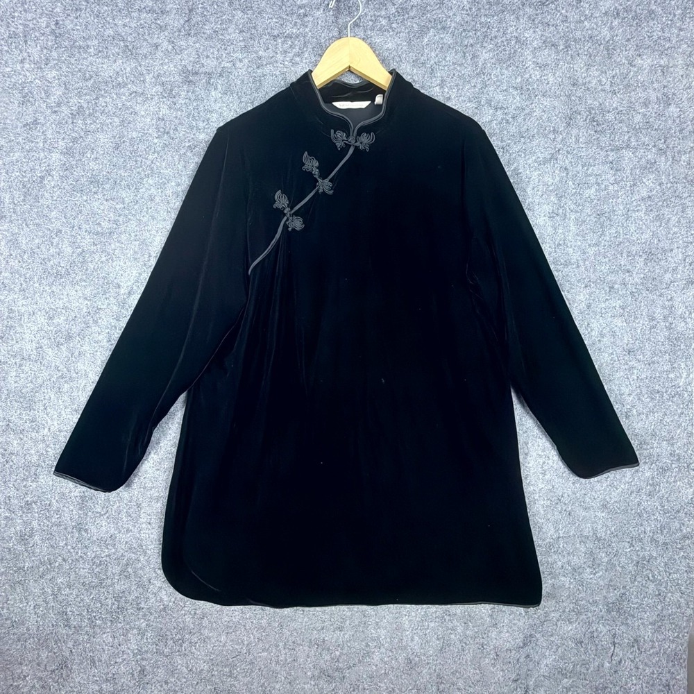 Soft Surroundings Tunic Women 1X Black Tai Velvet Mandarin Collar Frog Button
